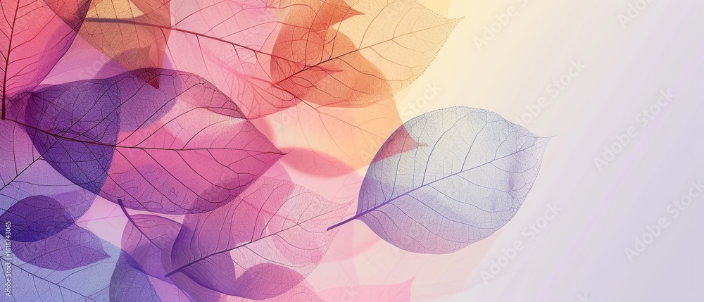 Poster delicate pastel leaves set against a soft gradient background to create an ethereal and calm atmosph