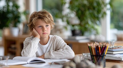 A young boy with a thoughtful expression is seated at a desk, surrounded by pencils and books while tackling homework assignments
