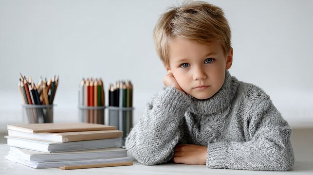 A young boy with a thoughtful expression is seated at a desk, surrounded by pencils and books while tackling homework assignments