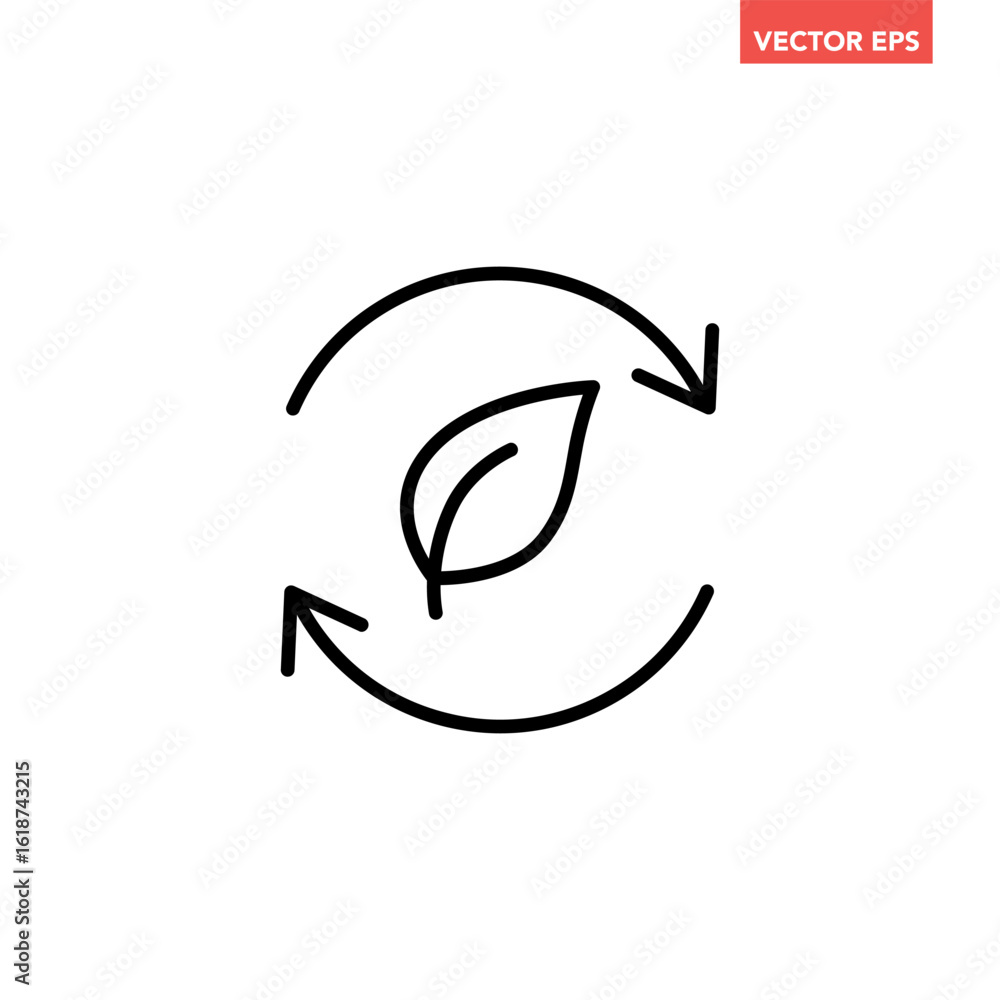Wall mural black single organic recycle line icon. simple round leaf ecology circle flat design vector pictogra