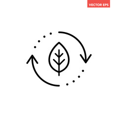 Black single organic recycle line icon. Simple round leaf ecology circle flat design vector pictogram, infographic interface elements for app logo web button ui ux isolated on white background