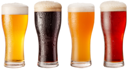 Collection of four types of different beer in glasses isolated on a white background. Cut out PNG file.