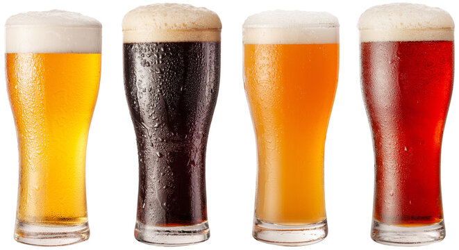 Collection of four types of different beer in glasses isolated on a white background. Cut out PNG file.