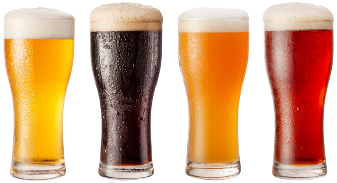 Collection of four types of different beer in glasses isolated on a white background. Cut out PNG file.