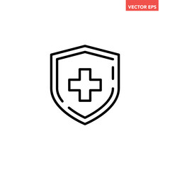 Obraz premium Black single medical shield line icon, simple immune system badge flat design vector pictogram, infographic vector for app logo web website button ui ux interface elements isolated on white background