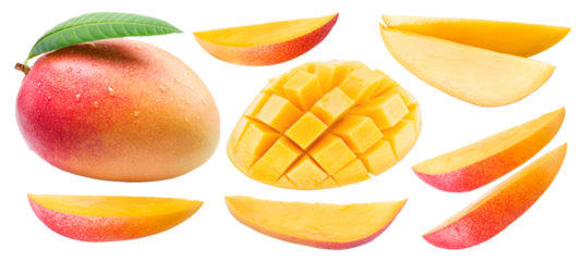 Ripe mango fruit  and mango slices isolated on white background. Cut out PNG file.