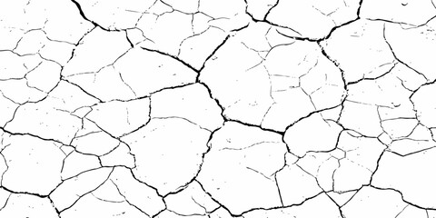 A stark, high-contrast black and white texture of deeply cracked and dry earth, featuring a dense network of thick, irregular black lines forming a grunge pattern against a pure white background.