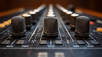 Close-up of audio mixer knobs and microphones.