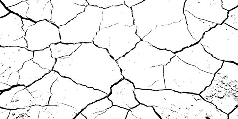 A stark, high-contrast black and white texture of deeply cracked and dry earth, featuring a dense network of thick, irregular black lines forming a grunge pattern against a pure white background.