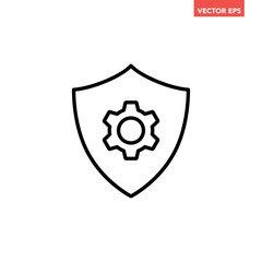 Black single shield with gear line icon, simple gear setting protection flat design illustration infographic pictogram vector, app logo web button ui ux interface elements isolated on white background