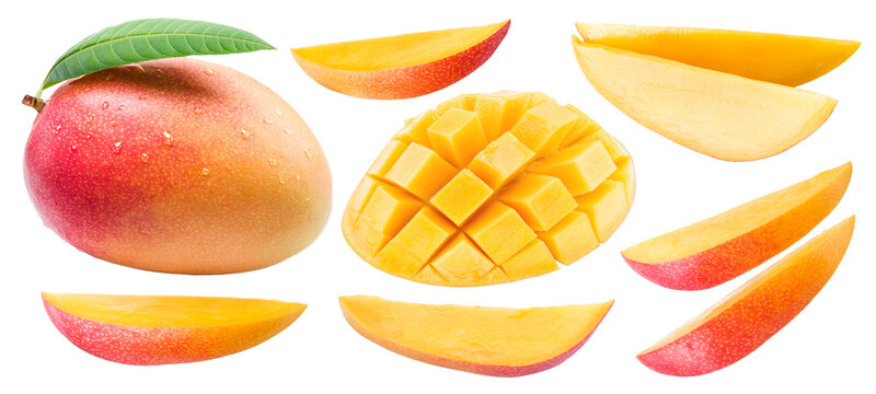 Ripe mango fruit  and mango slices isolated on white background. Cut out PNG file.
