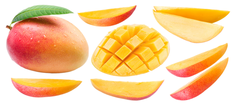 Ripe mango fruit  and mango slices isolated on white background. Cut out PNG file.
