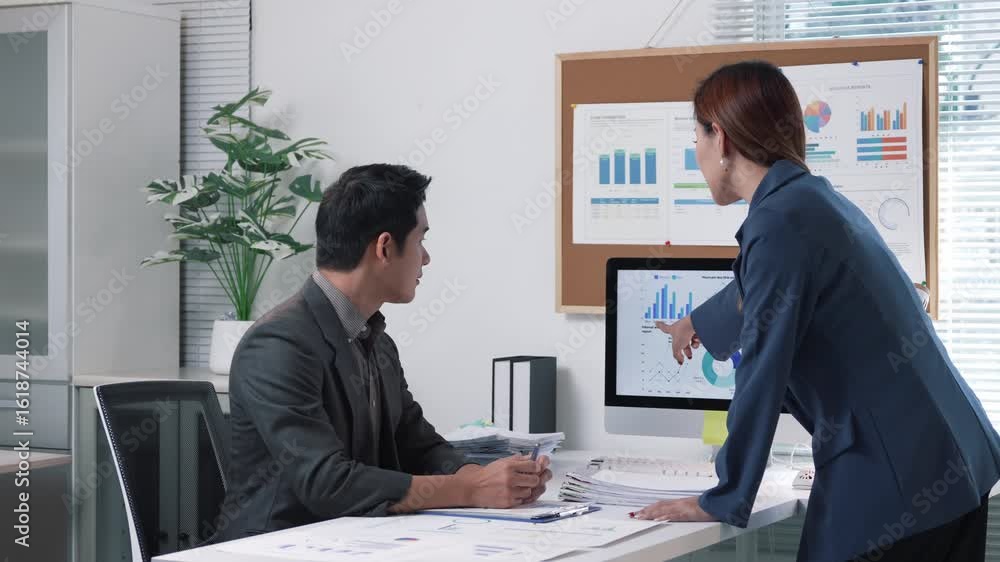Poster professional businesswoman pointing at computer screen, analyzing financial data charts and graphs d