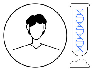 Minimalistic human profile in circle alongside test tube with DNA strand. Ideal for genetics, biology, identity verification, research, technology, healthcare, and education. Simple flat metaphor