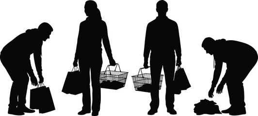 Silhouetted shoppers carrying bags and baskets, selecting goods, ideal for retail trends, consumer habits, shopping behavior, marketplace dynamics, analysis