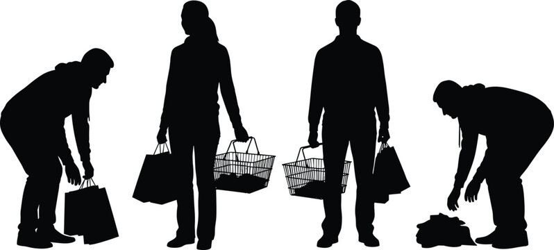 Silhouetted shoppers carrying bags and baskets, selecting goods, ideal for retail trends, consumer habits, shopping behavior, marketplace dynamics, analysis