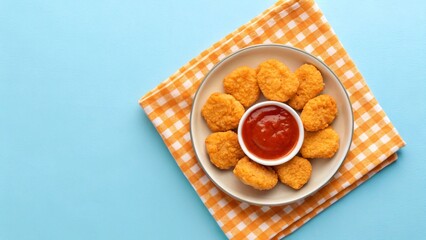 Golden Chicken Nuggets with Ketchup Delight A Tempting Treat on a Cheerful Light Blue Surface