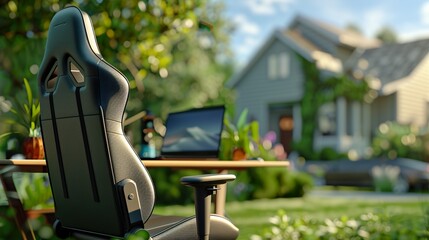 Stylish ergonomic chair in a bright outdoor setting, highlighting a modern workspace with greenery and a cozy home in the background.,Backyard Home Office