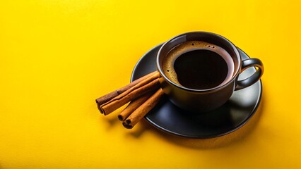 Aromatic Coffee Delight Black Cup with Cinnamon Sticks on Sunny Yellow Background for a Refreshing and Cozy Experience