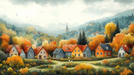 Charming hand drawn rural landscape: colorful houses and countryside illustrations