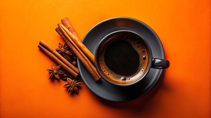 Aromatic Coffee Still Life Cinnamon and Star Anise on Warm Orange Background