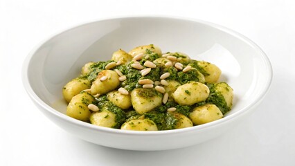 Delicious Gnocchi with Pesto Sauce A Culinary Delight in a White Bowl Garnished with Pine Nuts on a White Surface