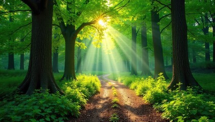 Fototapeta premium Sun-dappled path winding through a lush woodland forest, sunlight filtering through the leaves, creating a magical atmosphere Ancient trees stand tall, casting long shadows , magical, trees