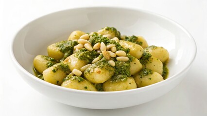 Gourmet Gnocchi Delight A Culinary Masterpiece Featuring Soft Pillowy Gnocchi Smothered in Vibrant Pesto and Topped with Toasted Pine Nuts