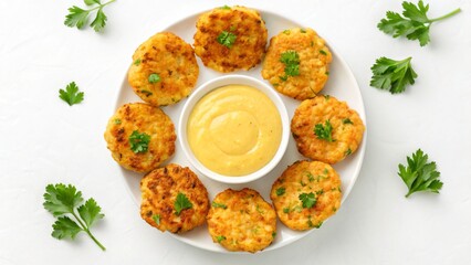 Delicious Crab Cakes Served with a Creamy Sauce, Garnished with Fresh Parsley on a White Background, Ready to Eat