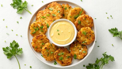 Golden Brown Chicken Patties Arranged Around a Bowl of Creamy Sauce Garnish of Fresh Parsley and Chopped Green Onions