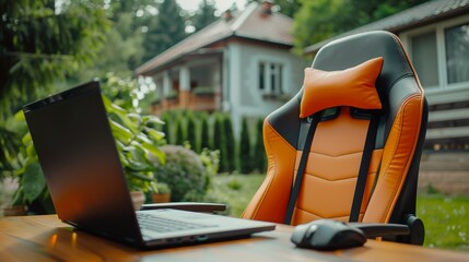 A modern orange and black gaming chair sits beside a laptop on a wooden table, surrounded by lush greenery in a serene outdoor setting.,Backyard Home Office