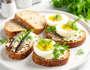 Healthy breakfast with boiled eggs, sardines and sourdough bread slices. AI