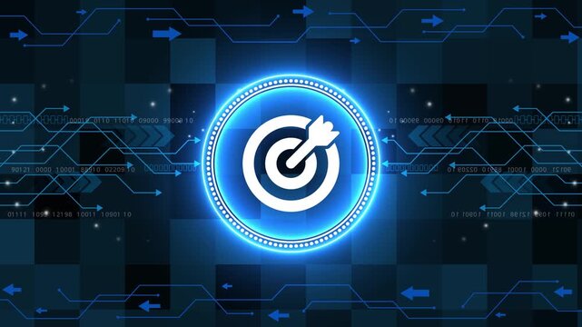 Target business strategy and success motivation symbol abstract cyber concept. Digital technology background . A futuristic digital target with vibrant colors, featuring concentric circles .