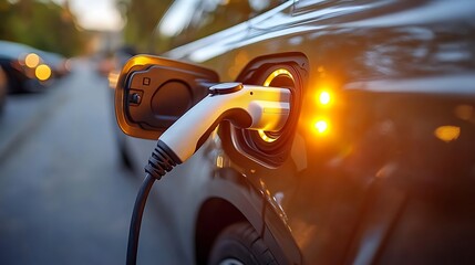 Electric vehicle charging connector in use.