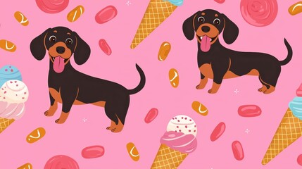A cheerful seamless pattern featuring adorable dachshunds and melting ice cream cones, set against a bubblegum pink backdrop with candy details.