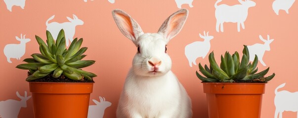 Soft peach cow print backdrop with a gentle white rabbit sitting between two succulents, creating a whimsical countryside scene.