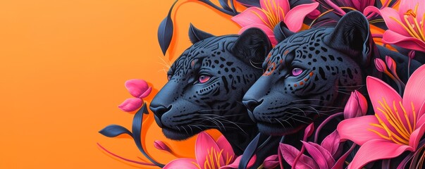 A bold and colorful artistic representation of deep indigo jaguars with detailed face paintings, surrounded by swirling vines and vibrant lilies, placed on a gradient orange-pink b