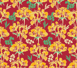 Floral Arrangement Bright Yellow Blooms and Greenery on a Red Canvas