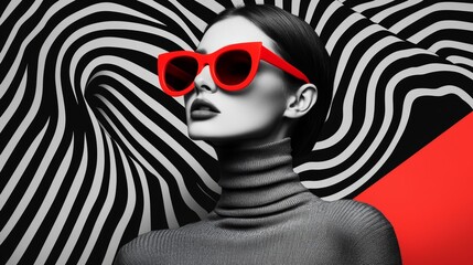 A striking portrait of a woman in a charcoal-gray turtleneck, wearing sleek red oversized sunglasses, with an intricate black-and-white optical illusion as the backdrop.
