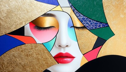 A sophisticated blend of traditional Japanese art and modern abstraction, depicting a woman's face fragmented into bold, colorful shapes, with decorative gold elements and flowing