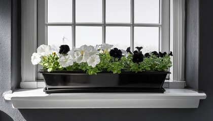 Fototapeta premium window planter with black and white flowers in minimalist style