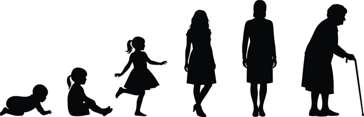 Life stages silhouette illustration, human growth and aging, educational concept, development progression, from infancy to old age, healthcare theme