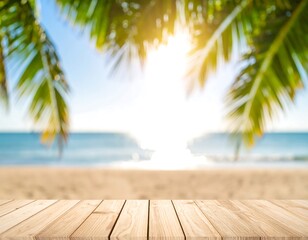 Empty wooden deck with blurry tropical beach background