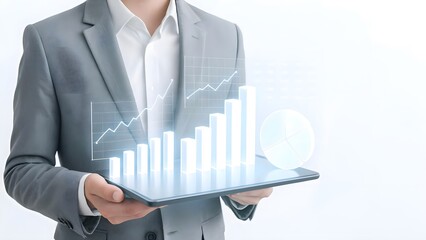 Person Holding Tablet with 3D Glowing Business Data Visualizations on White Background