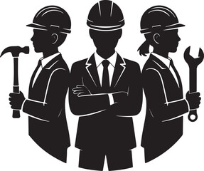 Construction workers engineers teamwork building project silhouette art