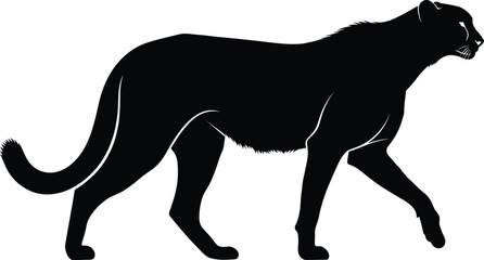 Cheetah silhouette walking gracefully, wild feline predator, elegant animal illustration, majestic wildlife art, black and white nature graphic image © Moury Creatives