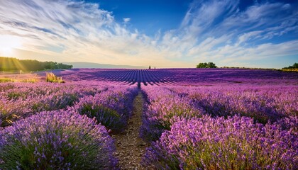soft dreamy lavender fields stretching to the horizon under a vibrant summer sky perfect for calming relaxing and spa related projects a serene and peaceful landscape flowers day