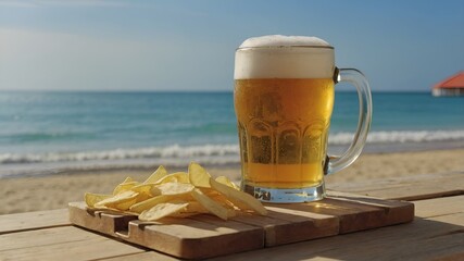 Bebida fría en una taza transparente, rellena de cerveza rubia dorada y cubierta de espuma cremosa, lista para saciar la sed veraniega.