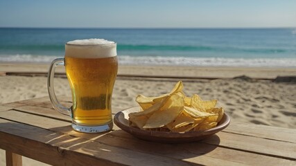 Bebida fría en una taza transparente, rellena de cerveza rubia dorada y cubierta de espuma cremosa, lista para saciar la sed veraniega.