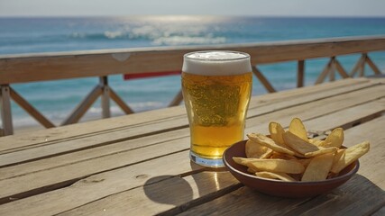 Bebida fría en una taza transparente, rellena de cerveza rubia dorada y cubierta de espuma cremosa, lista para saciar la sed veraniega.